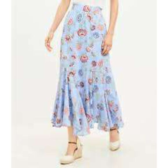 LOFT Blue Floral Godet Midi Skirt, size L - Picture 1 of 7